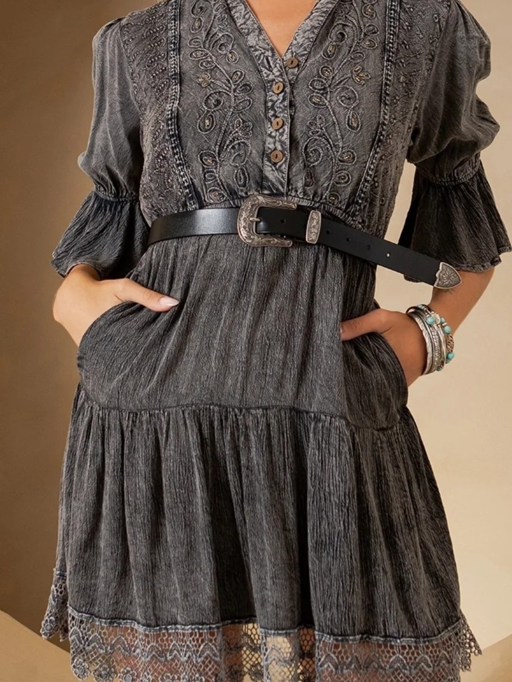 Washed Black Embroidered V-Neck Mini Dress BELT NOT INCLUDED